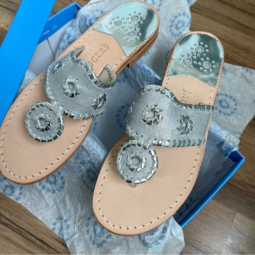 New Jack Rogers flat sandals in silver linen Palm Beach